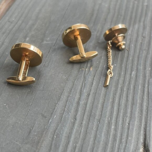 Vintage Gold Tone Cufflinks and Tie Tack Set with Iridescent Rhinestone Accents - Picture 5 of 6